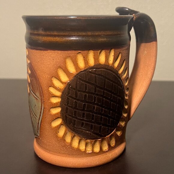 Handcrafted Sunflower Studio Art Pottery Mug w/ Incised & Embossed  Flowers BBP - Picture 6 of 15
